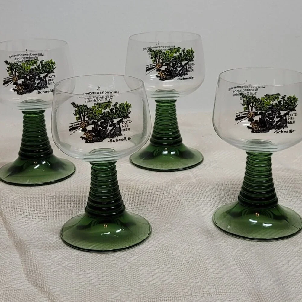 Vintage Volksmarch‎ Wine Glass DotzHeimer Scheessje, Green Stem Wine Glass 1990